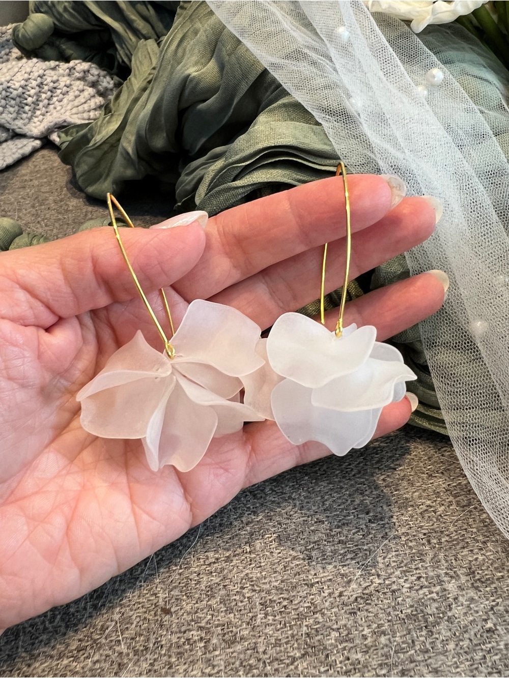 Delicate White Floral Drop Earrings with Gold Hooks